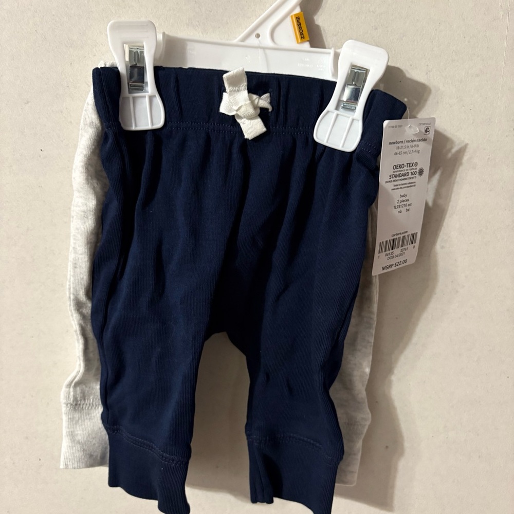 NWT Carter's Newborn 2 Piece Navy and Gray Pants 100% Cotton